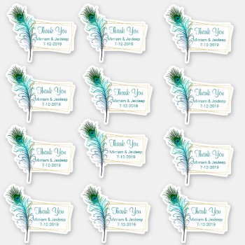 Peacock Feather Wedding Thank You Favor Sticker by Myweddingday at Zazzle