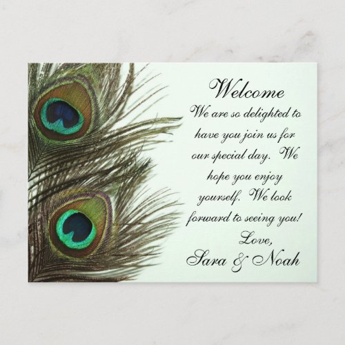 Peacock Feather Wedding Welcome Bag Note Postcard