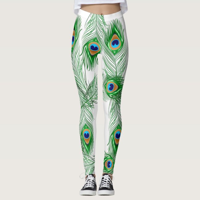 Peacock Feather White Elegant Stylish Leggings  (Front)
