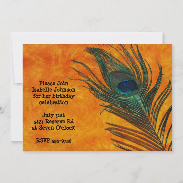 Peacock Feather with Orange Birthday Invitation (Front)