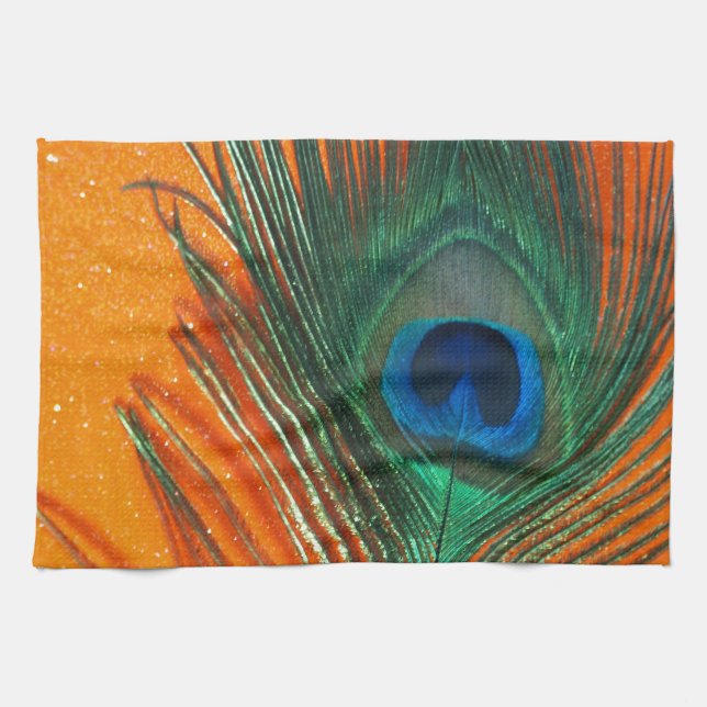 Peacock feather with Orange Glitter Still Life Kitchen Towel (Horizontal)