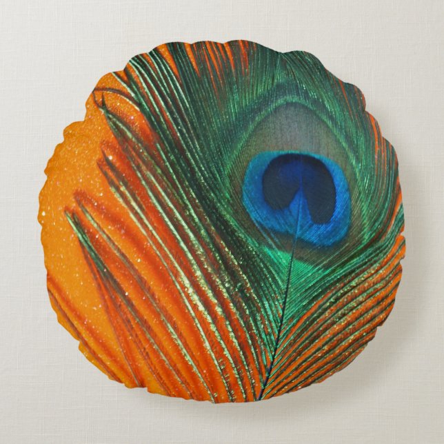Peacock Feather with Orange Round Pillow (Front)