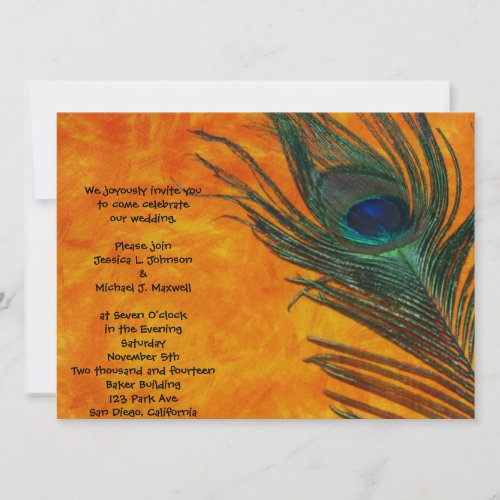 Peacock Feather with Orange Wedding Custom Announcements