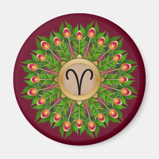 Peacock Feather Wreath Zodiac Sign Aries Magnet (Front)