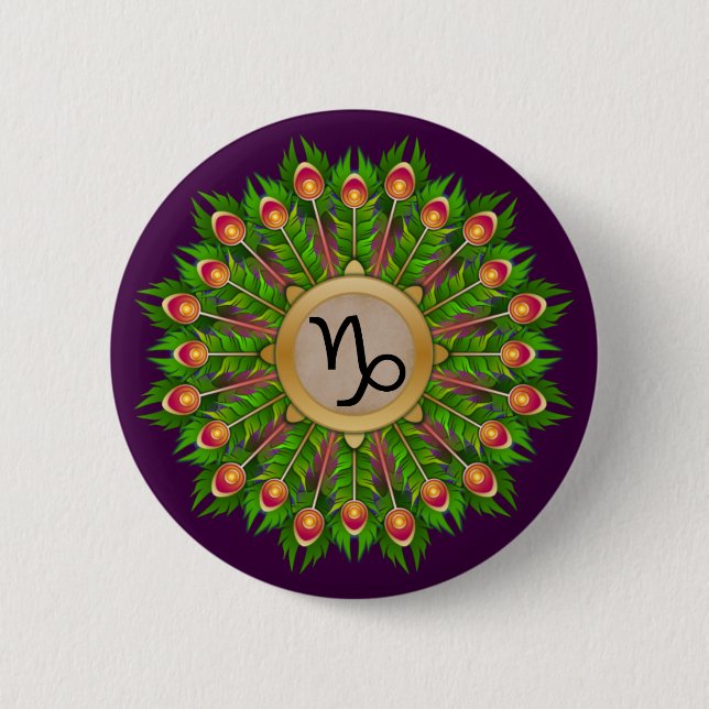 Peacock Feather Wreath Zodiac Sign Capricorn Button (Front)