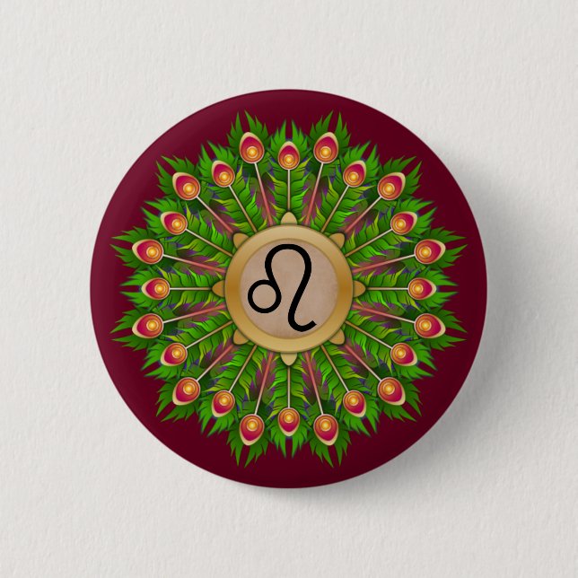 Peacock Feather Wreath Zodiac Sign Leo Button (Front)