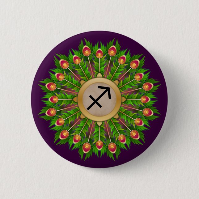 Peacock Feather Wreath Zodiac Sign Sagittarius Button (Front)