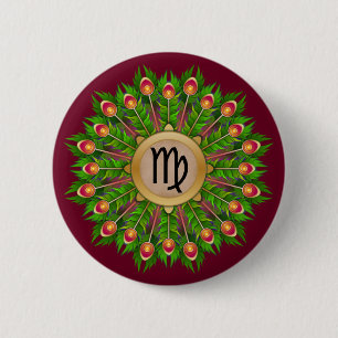 Peacock Feather Wreath Zodiac Sign Virgo Button