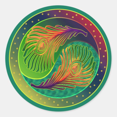Peacock Feather Yin Yang 3 Classic Round Sticker