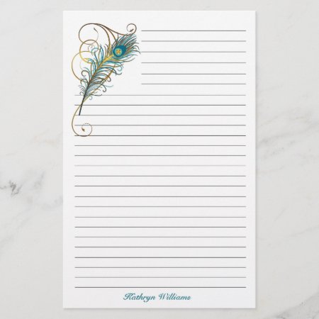 Peacock Feathered Teal And Golden Lined Stationery