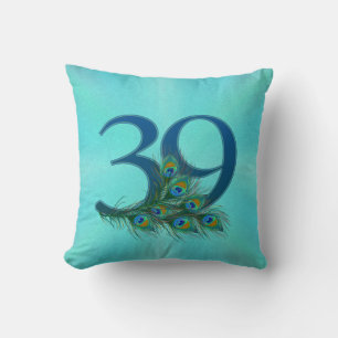 Peacock Feathers 39 Birthday Anniversary Milestone Throw Pillow