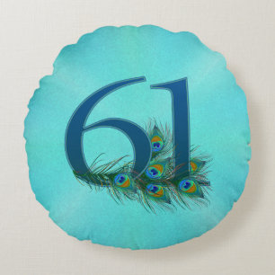 Peacock Feathers 61 Birthday Anniversary Milestone Round Pillow