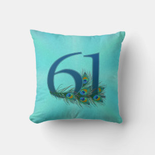 Peacock Feathers 61 Birthday Anniversary Milestone Throw Pillow