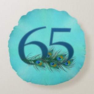 Peacock Feathers 65 Birthday Anniversary Milestone Round Pillow