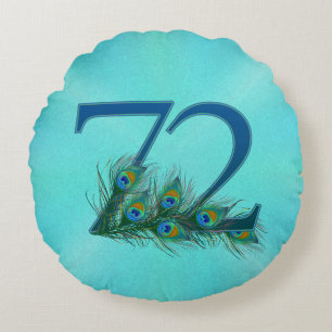 Peacock Feathers 72 Birthday Anniversary Milestone Round Pillow