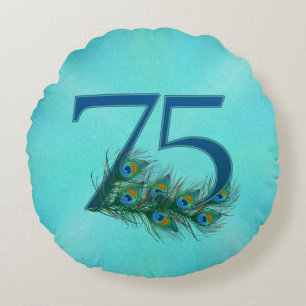 Peacock Feathers 75 Birthday Anniversary Milestone Round Pillow