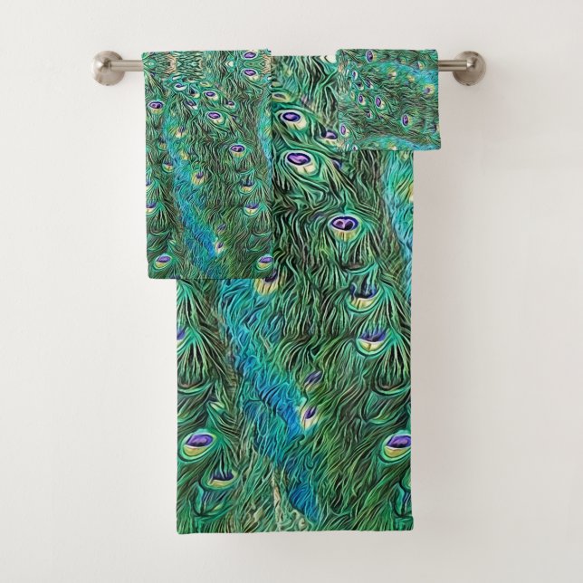 Peacock feathers, abstract - pattern in acrylic  bath towel set (Insitu)