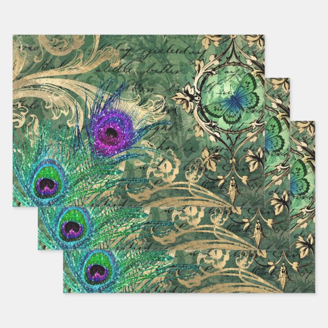 Peacock Feathers and Butterfly Wrapping Paper Sheets (Set)