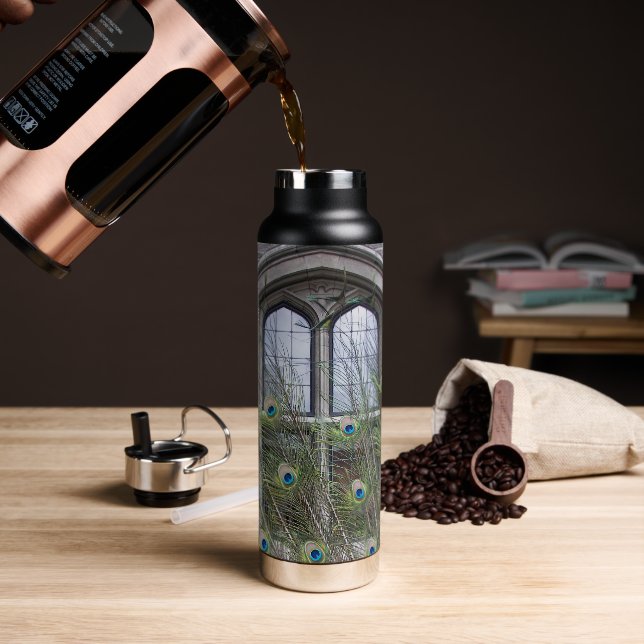 Peacock Feathers and Gothic Windows Water Bottle (Coffee)