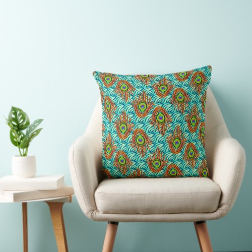 Peacock Feathers and Turquoise Wave Pattern Boho Throw Pillow