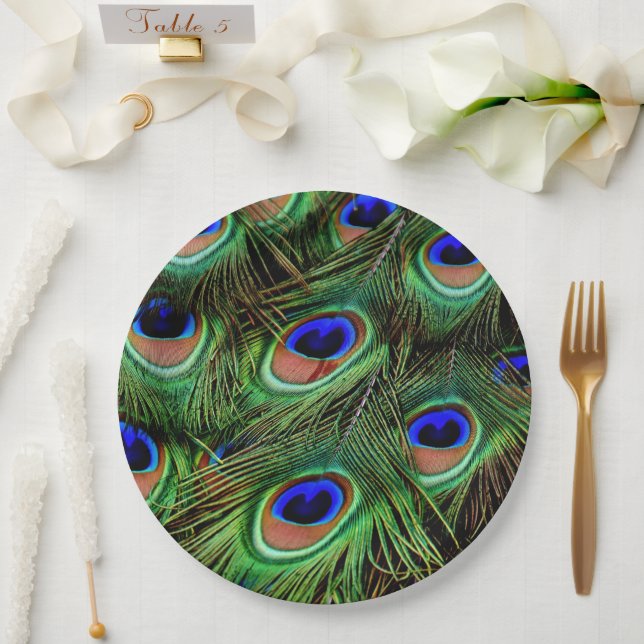 Peacock Feathers Animal Print Teal Green  Paper Plates (Wedding)