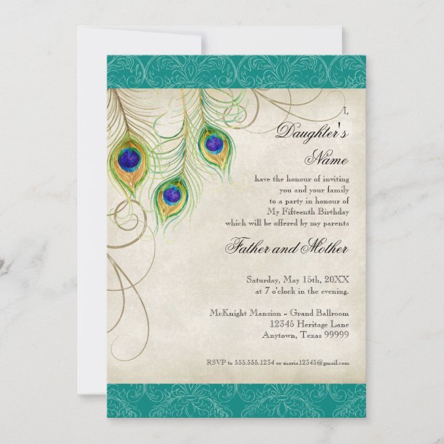 Peacock Feathers Aqua Damask Quinceanera Party Invitation (Front)