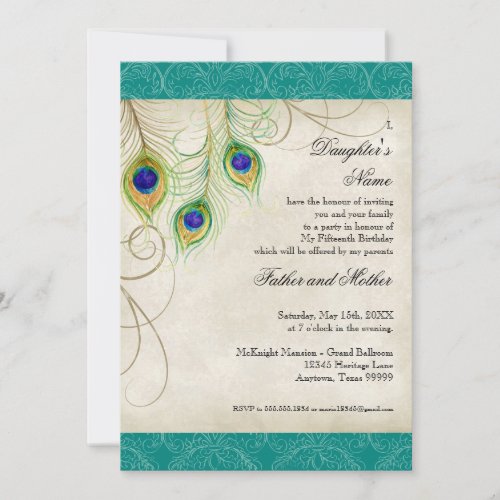 Peacock Feathers Aqua Damask Quinceanera Party Custom Invitation