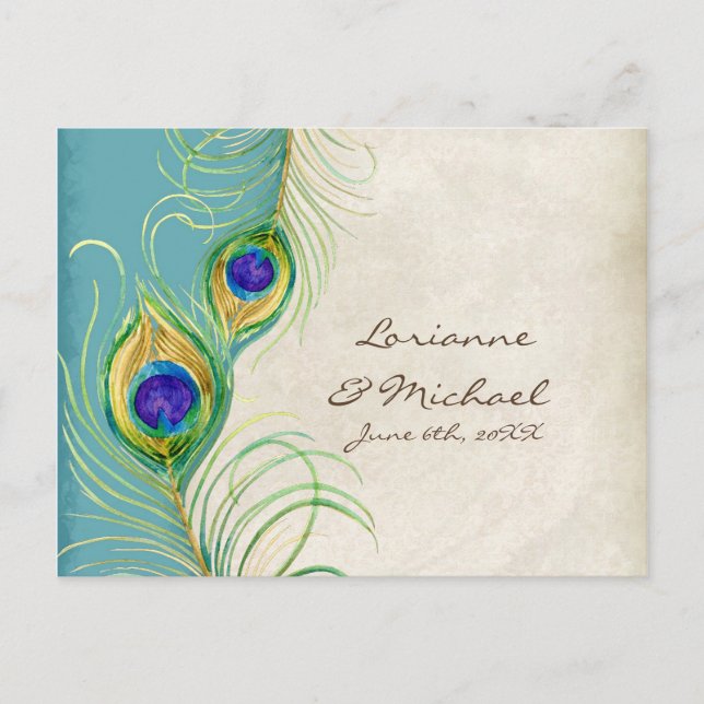 Peacock Feathers Aqua  Damask RSVP Response Card (Front)