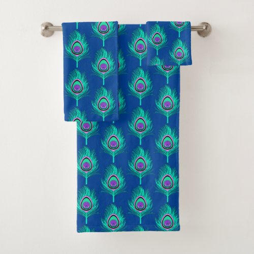 Peacock Feathers Aqua on Deep Cobalt Blue Bath Towel Set