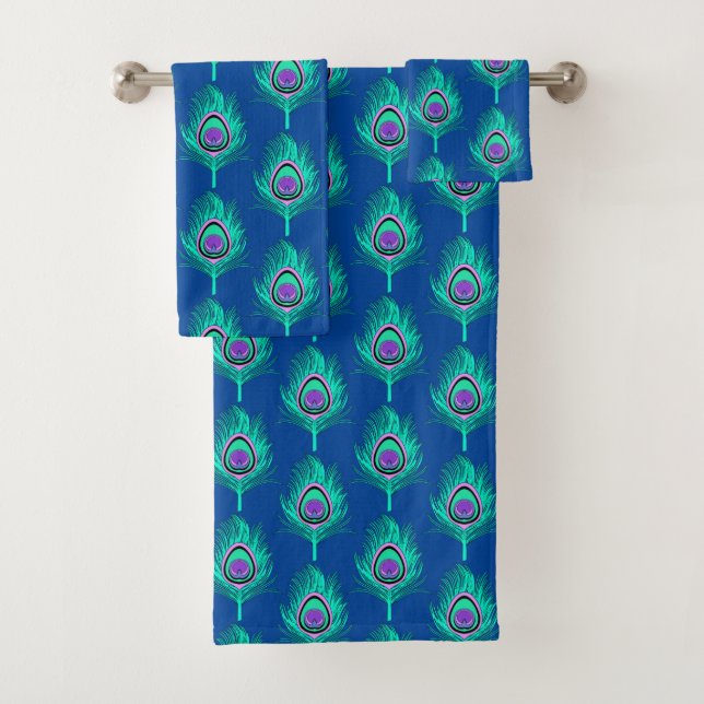 Peacock Feathers, Aqua on Deep Cobalt Blue Bath Towel Set (Insitu)