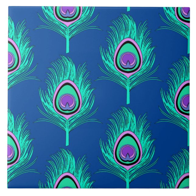 Peacock Feathers, Aqua on Deep Cobalt Blue Ceramic Tile (Front)