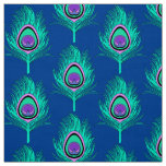 Peacock Feathers, Aqua on Deep Cobalt Blue Fabric