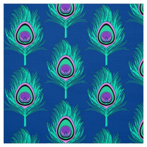 Peacock Feathers, Aqua on Deep Cobalt Blue Fabric