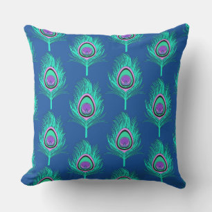 Peacock Feathers, Aqua on Deep Cobalt Blue Outdoor Pillow