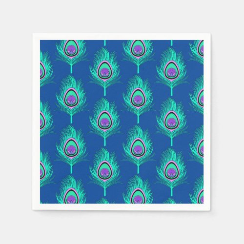 Peacock Feathers Aqua on Deep Cobalt Blue Paper Napkins