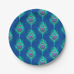 Peacock Feathers, Aqua on Deep Cobalt Blue Paper Plates