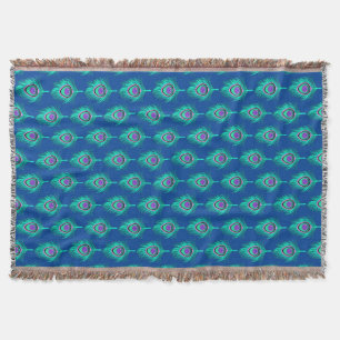 Peacock Feathers, Aqua on Deep Cobalt Blue Throw Blanket