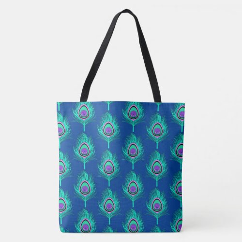 Peacock Feathers Aqua on Deep Cobalt Blue Tote Bag