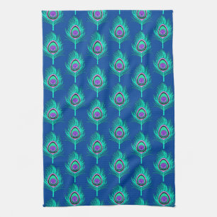 Peacock Feathers, Aqua on Deep Cobalt Blue Towel