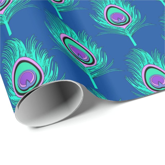 Peacock Feathers, Aqua on Deep Cobalt Blue Wrapping Paper (Roll Corner)