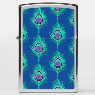 Peacock Feathers, Aqua on Deep Cobalt Blue Zippo Lighter