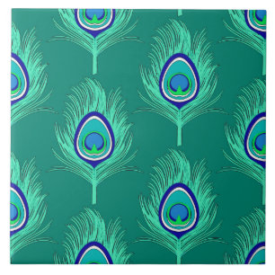 Peacock Feathers, Aqua on Turquoise / Peacock Ceramic Tile
