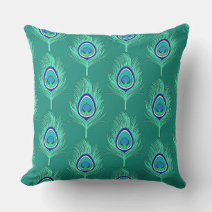 Peacock Feathers, Aqua on Turquoise / Peacock Outdoor Pillow