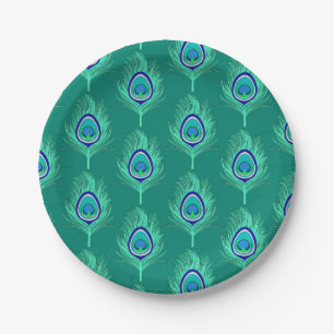 Peacock Feathers, Aqua on Turquoise / Peacock Paper Plates