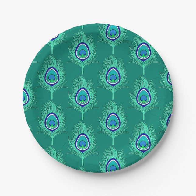 Peacock Feathers, Aqua on Turquoise / Peacock Paper Plates (Front)