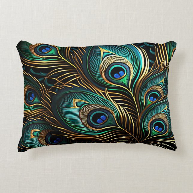 Peacock Feathers - Art Deco Accent Pillow (Front)