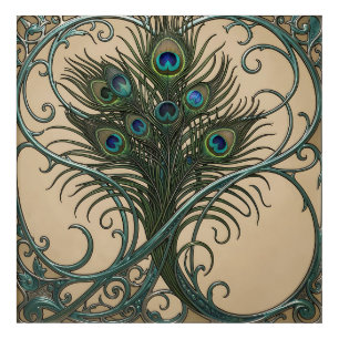 Peacock Feathers Art Nouveau Ornate Teal Frame