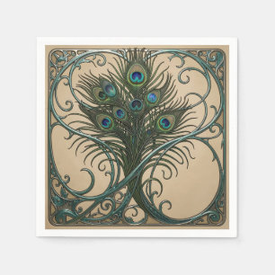Peacock Feathers Art Nouveau Ornate Teal Frame Napkins