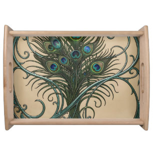Peacock Feathers Art Nouveau Ornate Teal Frame Serving Tray