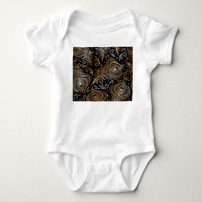 Peacock Feathers: Artistic Freehand Drawing. Baby Bodysuit (Front)